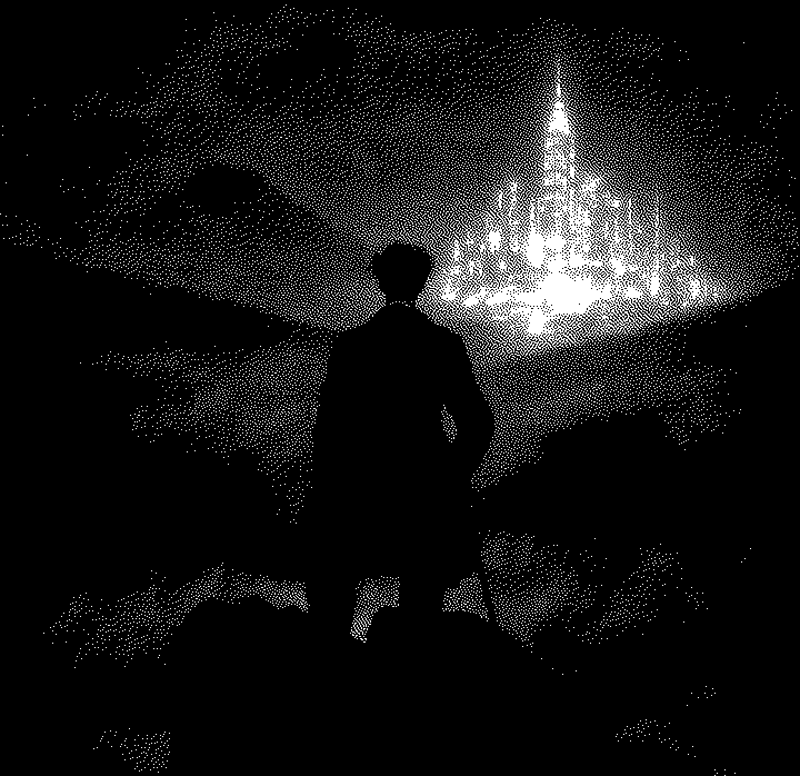 A figure looking toward a shining city in cyberspace
